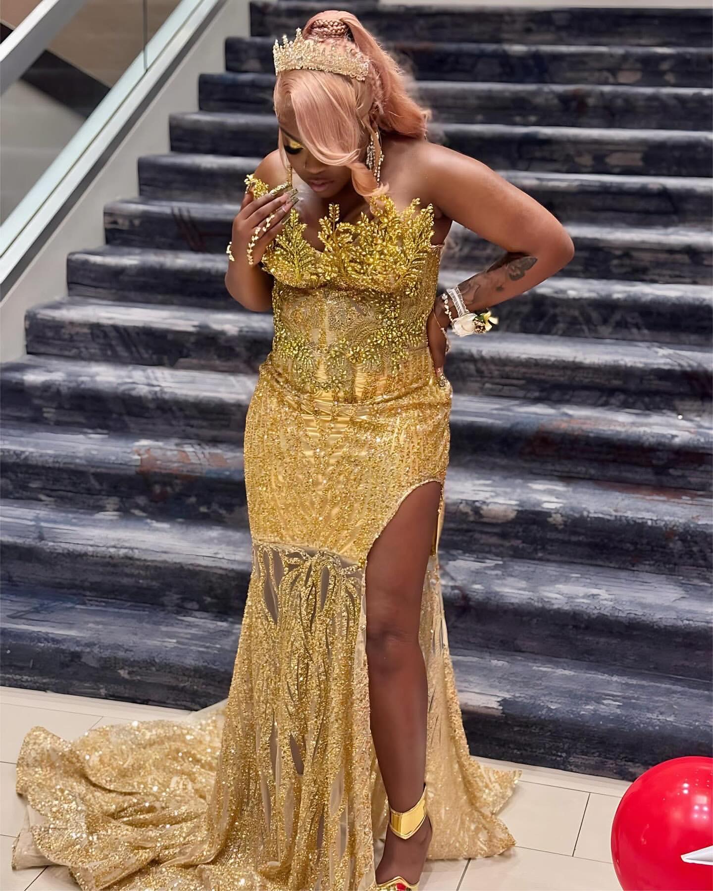 Gold Mermaid Plus Size Prom Dresses 2025 Floral Crystals Sequined Sparkly Evening Formal Party Second Birthday Engagement Gowns Dress For Special Occa