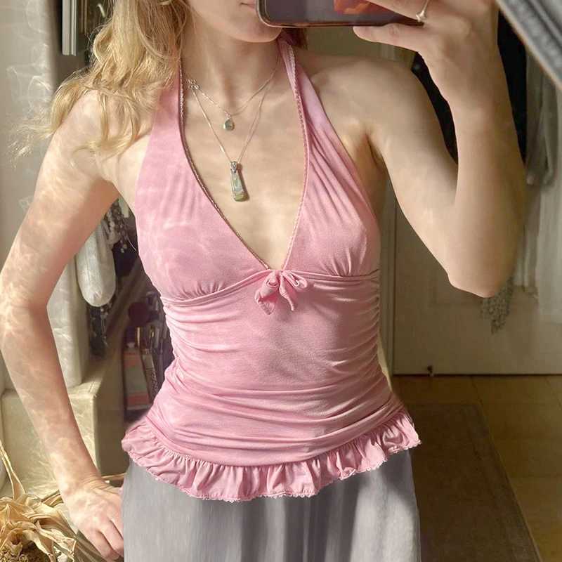 Rockmore pink sweet camisole top womens shirt ultra-thin Camisol Y2k fashionable sleeveless V-neck ruffle backless vest FairycoreXJ250508