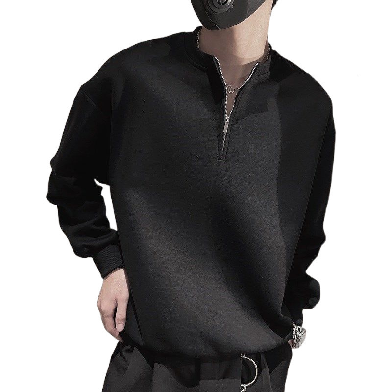 Handsome stand up collar half zip hoodie for men in spring autumn, with a niche trendy design, loose and casual top