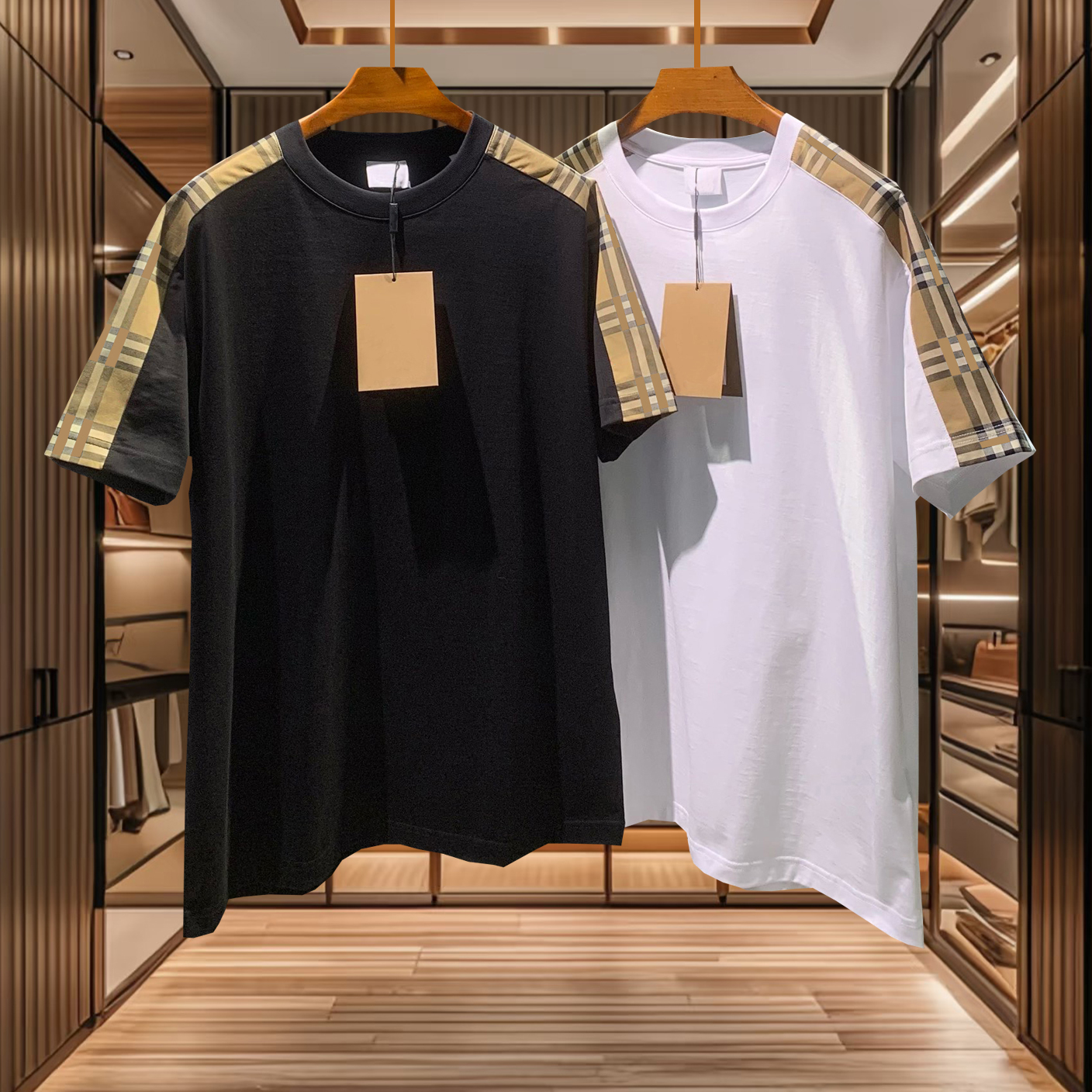 high quality classic style tshirt mens designer plaid shoulder and arm pattern tshirt summer fashion new top luxury clothing pure cotton black and white tshirt