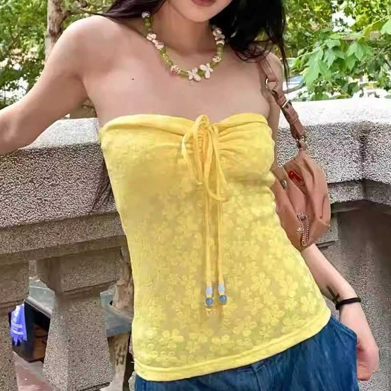 Summer beach vacation floral tube top womens lace close fitting vest sexy backless basic vest top camisole Y2k streetwearXJ250508