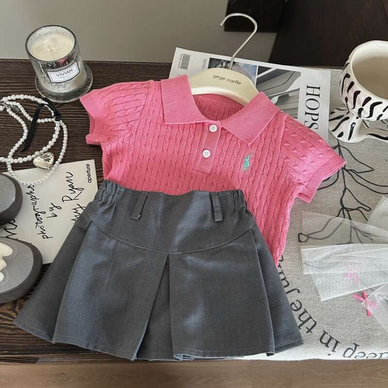 Korean Clothing 2025 New Summer Girls' Polo Shirt Twisted Flower Short Sleeved Children's Versatile Gray Skirt Pants Two-Piece Set