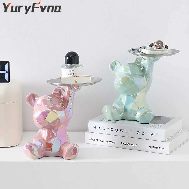 YuryFvna Ceramic Geetric Bear Ornament Coin bank He Living Ro Desktop Remote Control Key Storage Tray Decorative Statue Y250509