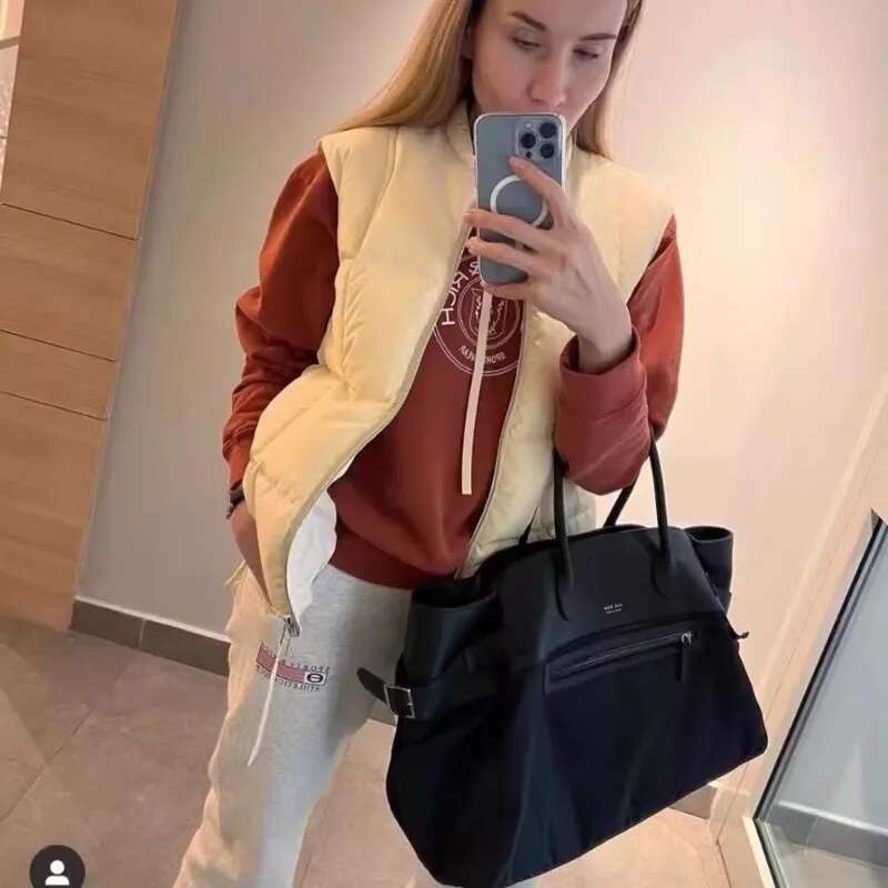 Elegant And Fashionable Niche New Women's Nylon With Leather Splicing Large Capacity Handbag Casual Tote Bag