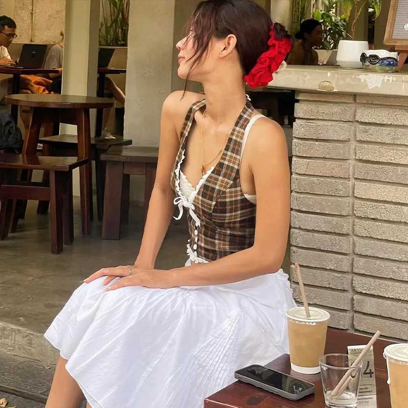 Candyhot Plaid vintage lace French style camisole crop top retro backless sleeveless V-neck ultra-thin top casual streetwear vestXJ250508