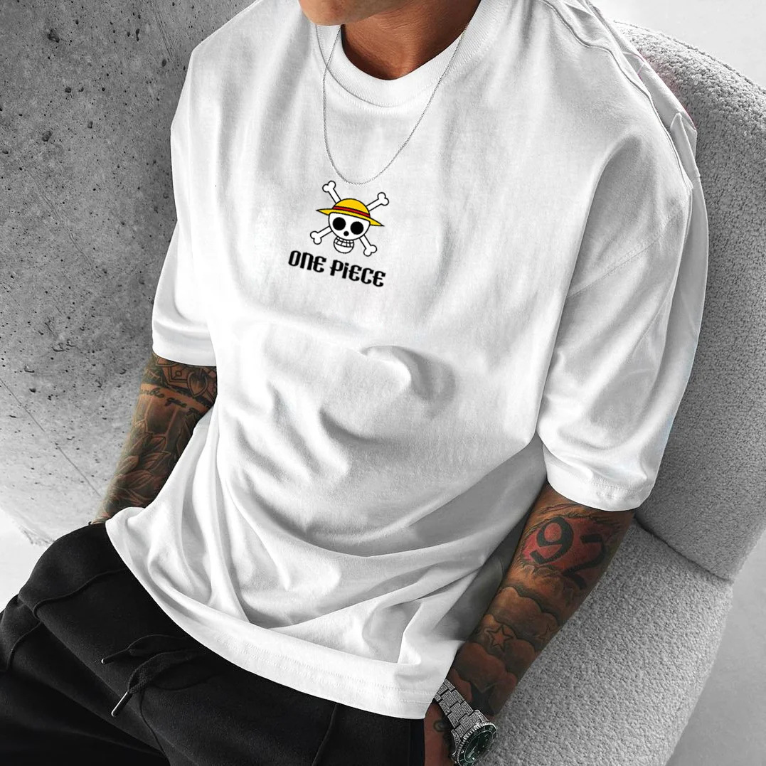 220g pure cotton One Piece short sleeved anime printed men's plus size t-shirt
