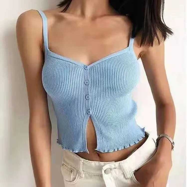 Button Front Cami Tops Lettuce Hem Strappy Ribbed Knit Camisole Women Teengirl Crop Tops 2024 Summer Basic OutfitXJ250508