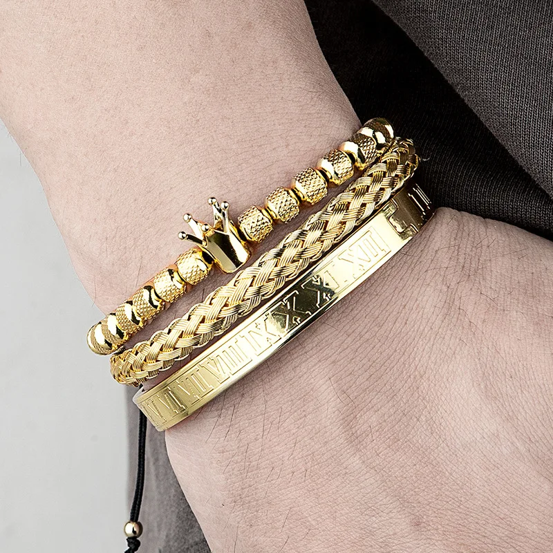3Pcs Vintage Diamond-free Crown Woven Bracelet with Roman Letter Stainless Steel Mesh Opening Hand Chain