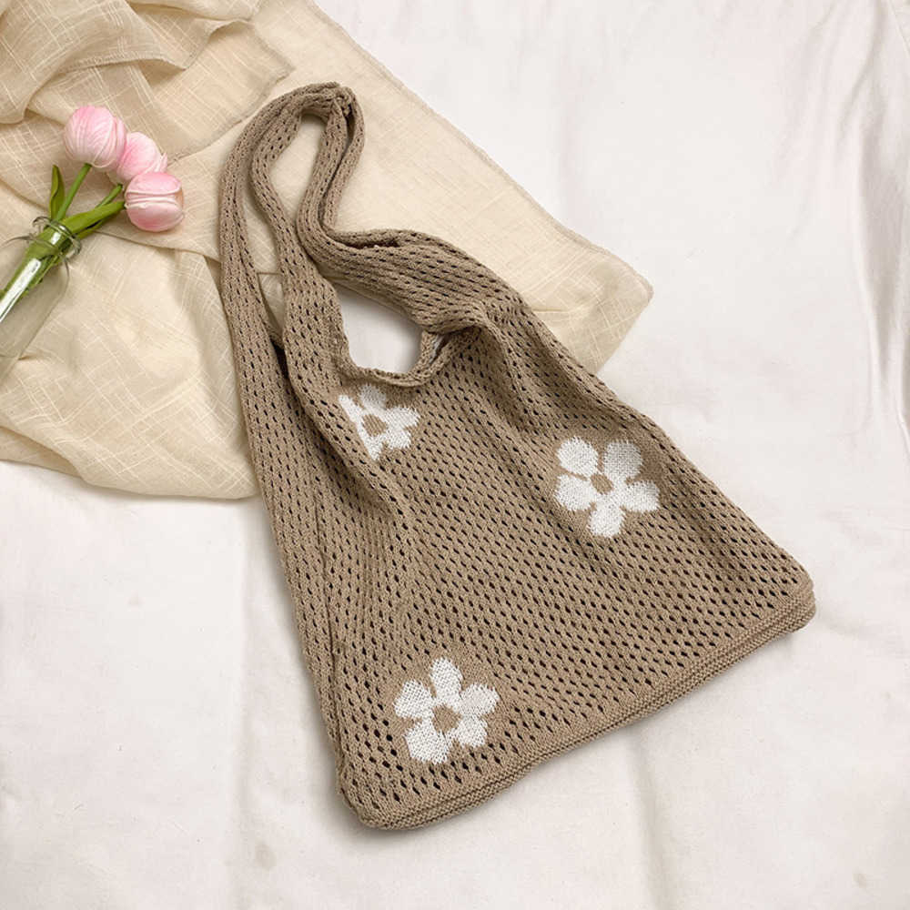 Bag Japanese and Korean Ins Single Shoulder Cotton Thread Knitted Bag Handbag Flower Beach Vacation
