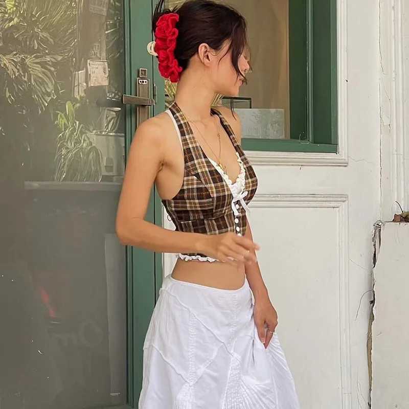 Candyhot Plaid vintage lace French style camisole crop top retro backless sleeveless V-neck ultra-thin top casual streetwear vestXJ250508