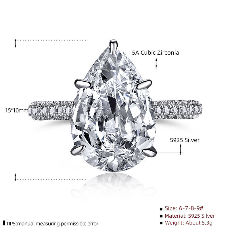 925 Sterling Silver Teardrop Shape Zirconia Ring for Women, Bold Statement Solitaire Diamond Ring, White Gold 5-Prong Engagement Jewelry