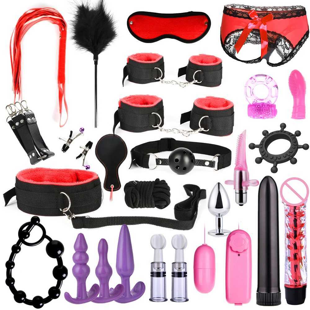 Sextoy Bdsm Kit Set Vibrator Handcuff Neck Sex Toy Adult Couple Whip Anal Buttplug for Women Men Intimate Sexual Game Bondage W250509