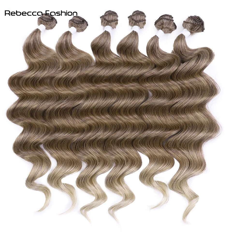 Rebecca Fashion Hair Extensions Synthetic Hair Weave 24Inch 6pcs Deep Wave Ponytail Hair Bundles Ombre Brown High Temperature Fiber