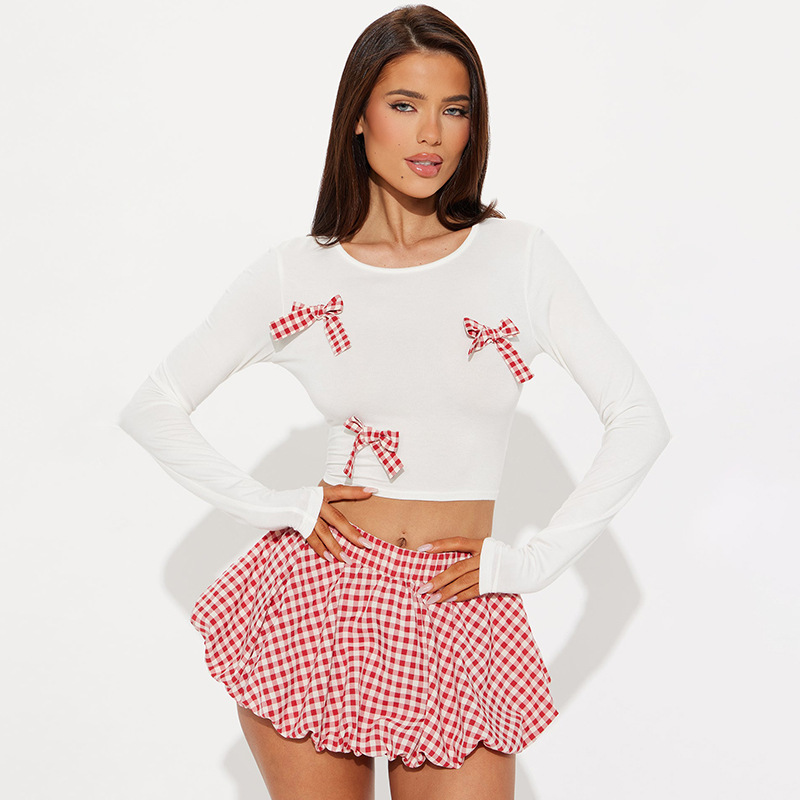 Sweet 2 Piece Set Women Outfit Y2k Streetwear Long Sleeves Bow Patchwork Crop Top + Bubble Puff Skirt Fashion Suits