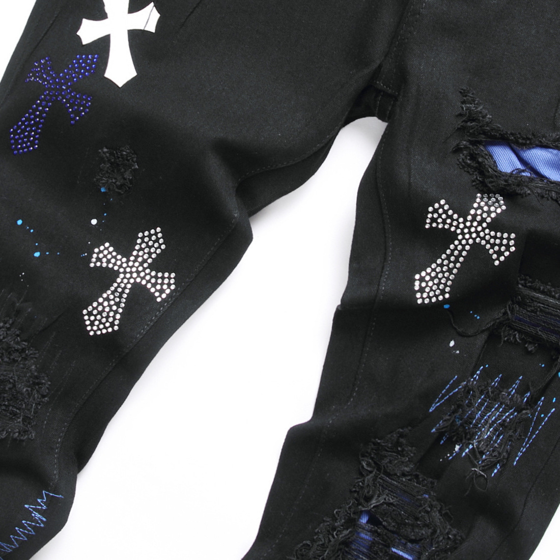 AM brand style slim fit elastic puncture embroidery tight fitting men's trendy denim pants
