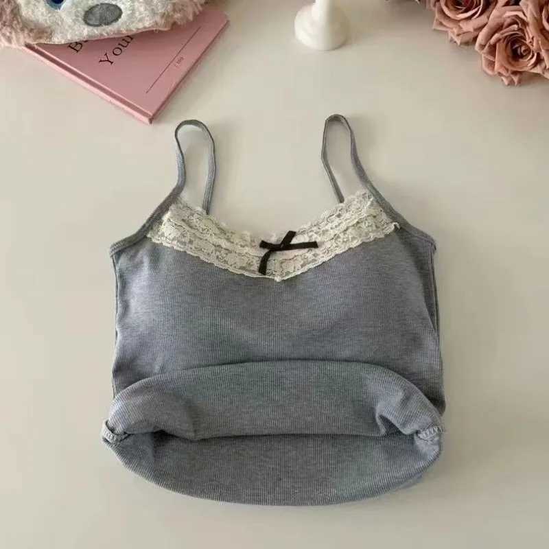 Womens tank top sexy bow sleeveless tight corset top with chest cushion sweet lace patch cropped top summer slim and elegant tank topXJ250508