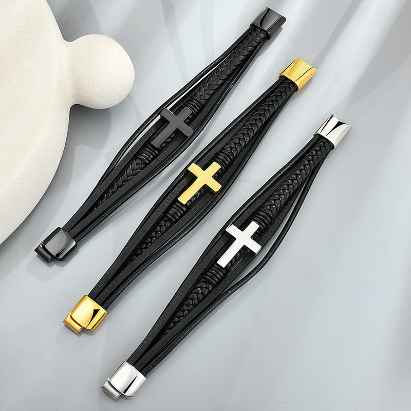 Xinghe Weaving Handmade Leather Magnetic Buckle Stainless Cross Bracelet Men's Titanium Steel Jewelry New Product