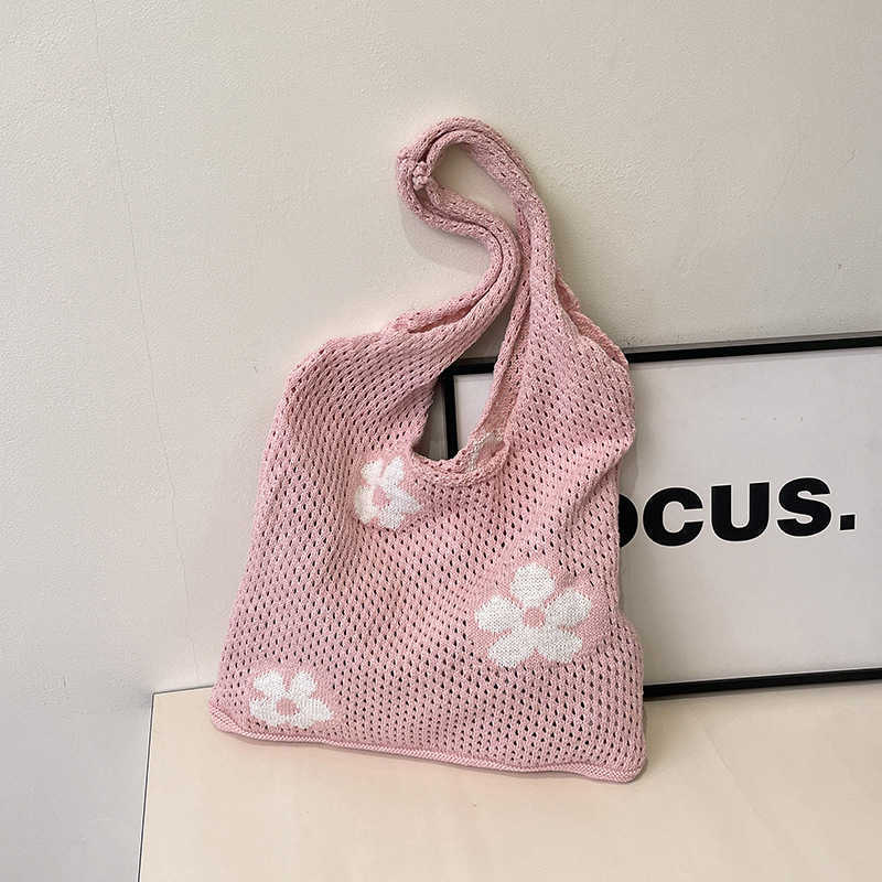 Bag Japanese and Korean Ins Single Shoulder Cotton Thread Knitted Bag Handbag Flower Beach Vacation