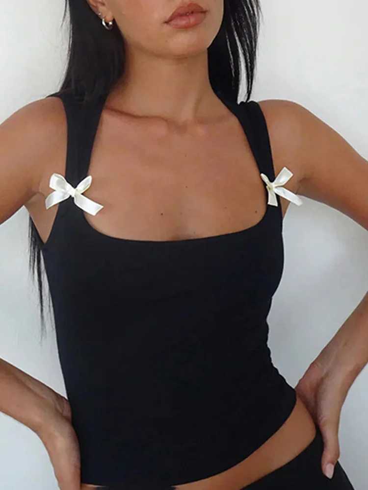 Y2K Womens Bow Tie-Up Tank Tops Wide Shoulder Straps Bandage Camisole Sexy Low Cut Crop Tops Female Vest TopsXJ250508