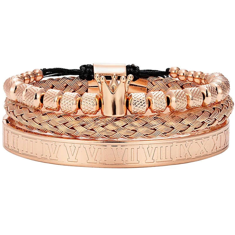 3Pcs Vintage Diamond-free Crown Woven Bracelet with Roman Letter Stainless Steel Mesh Opening Hand Chain