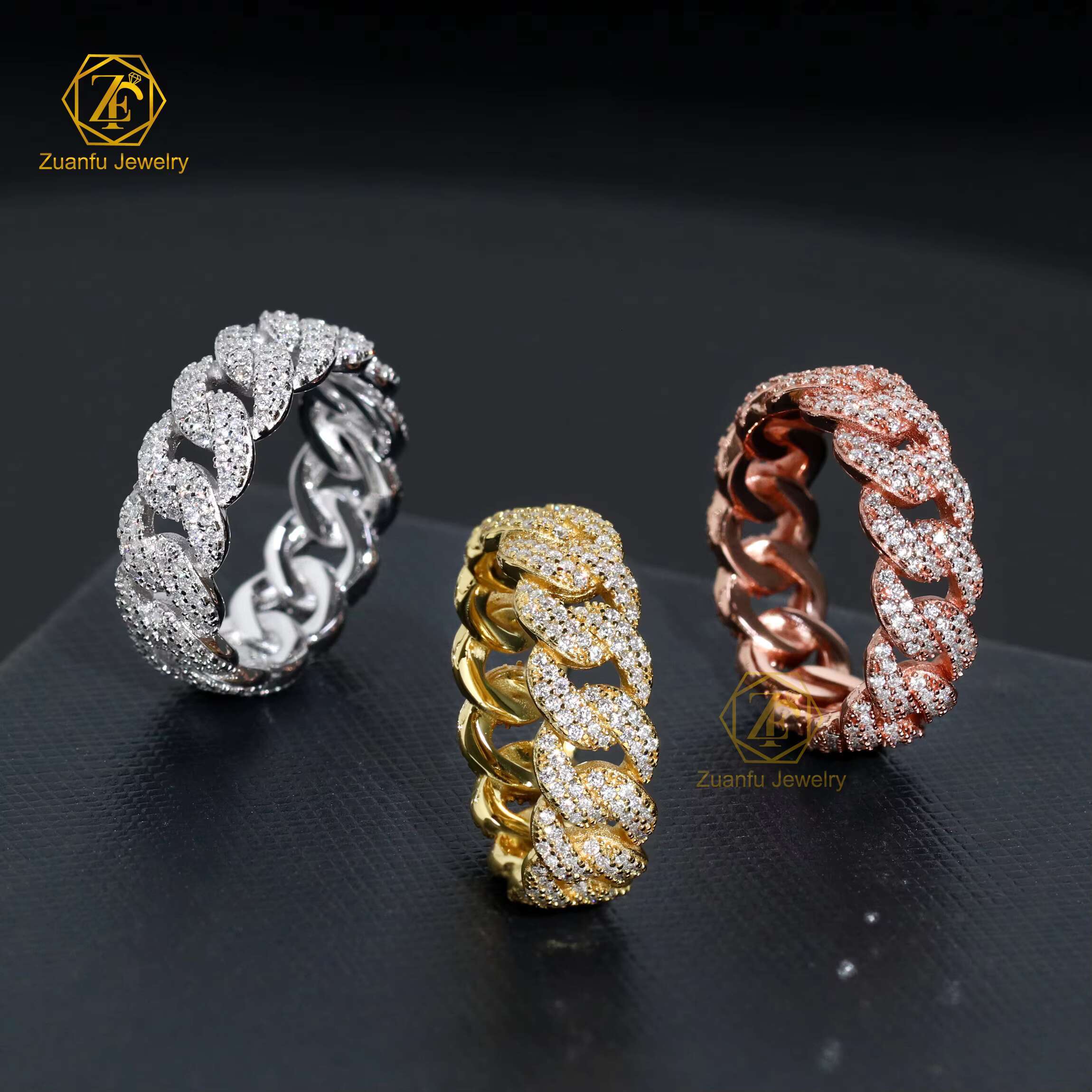 Hiphop Jewelry 2 Rows 7mm Width Cuban Link Ring 925 Silver Moissanite Diamond Ice Out Rapper Men Ring