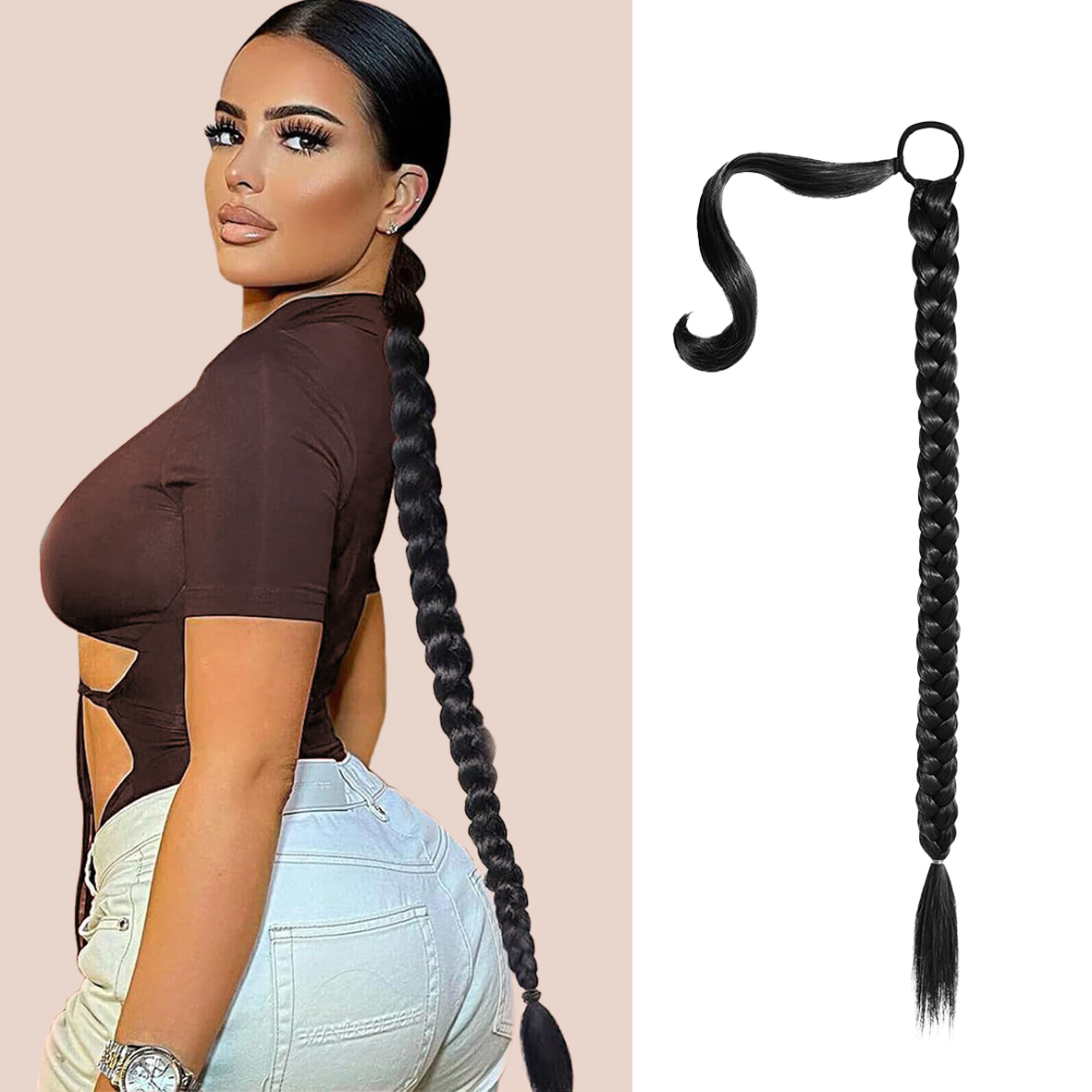 26inch braided ponytail wig | straight and smooth wrap around braided ponytail | natural non knotted synthetic wig