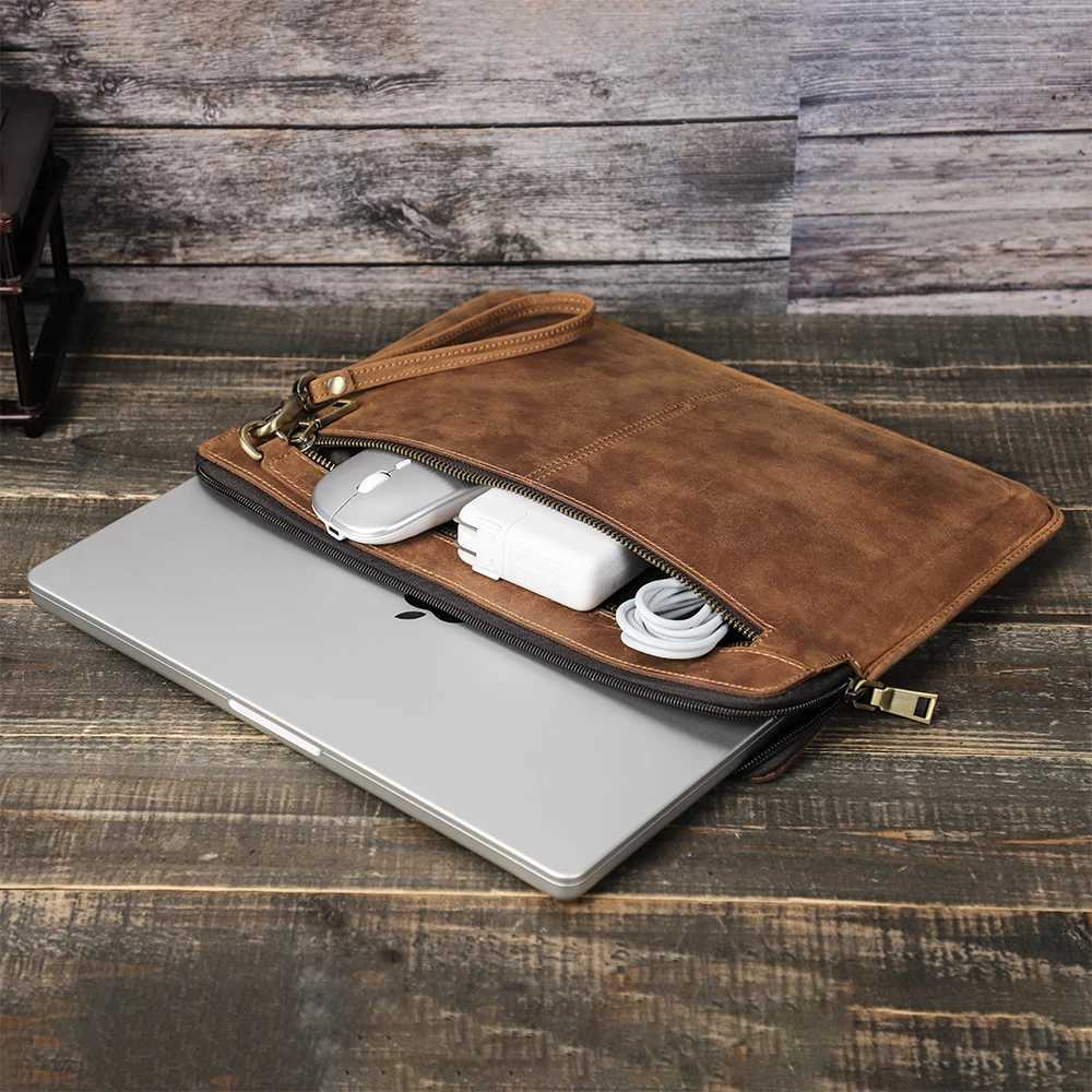 Crazy Horse Leather Laptop Sleeve for 14 inch book Pro / Air M1 M2 M3 2018-2024 XPS 13 Case with Zipper Z250509