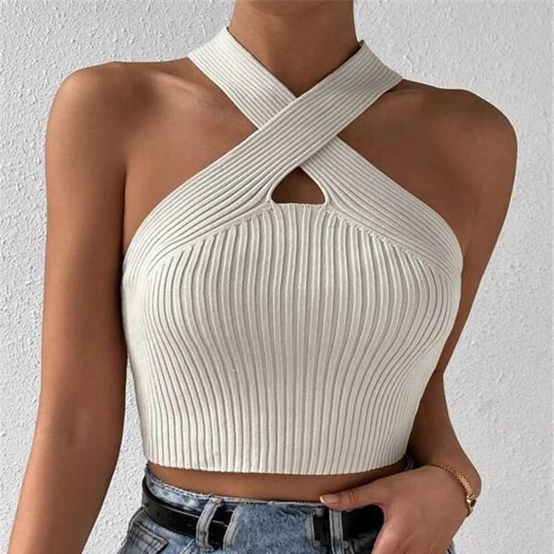 Womens 2024 Summer Knitted Cross Neck Crop Top Sexy Slim Solid Backless Tank Top Elastic Rib Design UnderwearXJ250508