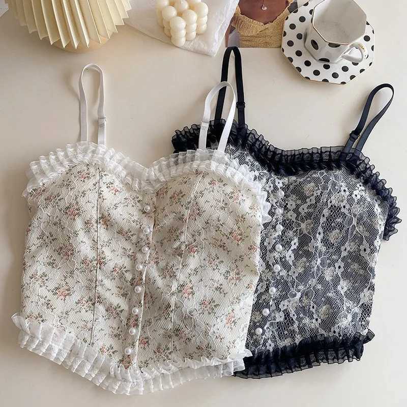 Summer Print Lace Crop Tops Womens Cropped Aesthetic Vest Y2K Corset Tank Top Camisole Vintage Tanks Camis Fashion StreetwearXJ250508