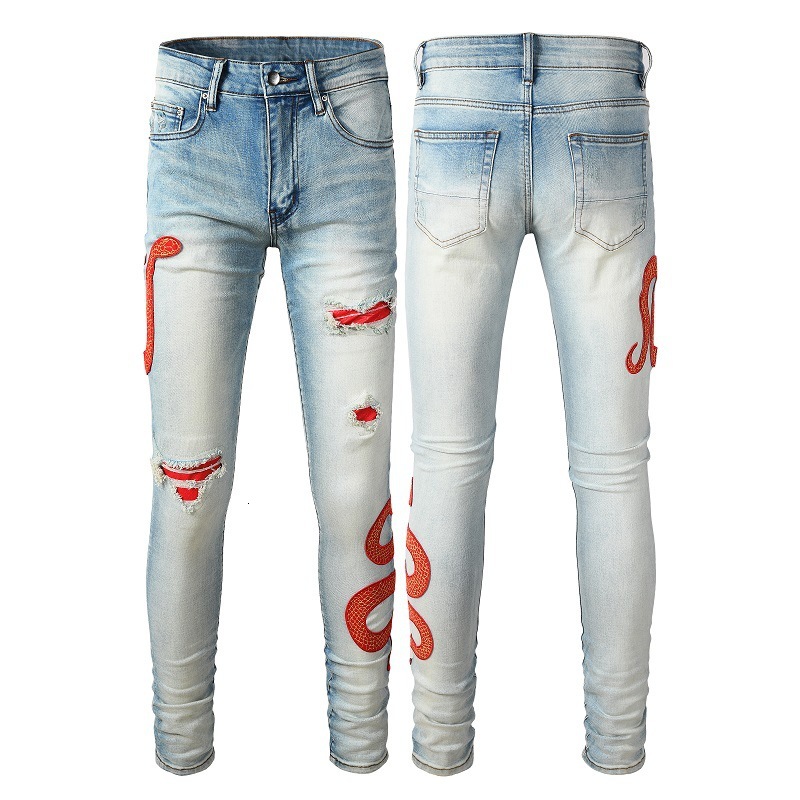 New trendy jeans, straight leg embroidered gold snake slim fit pants, high street men's pants