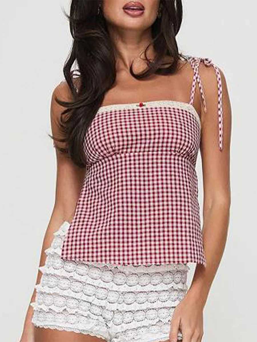 Y2k Plaid Crop Camisole Summer Kawaii Backless Bow Tie Straps Tank Tops For Women Sleeveless Casual T-Shirt StreetwearXJ250508