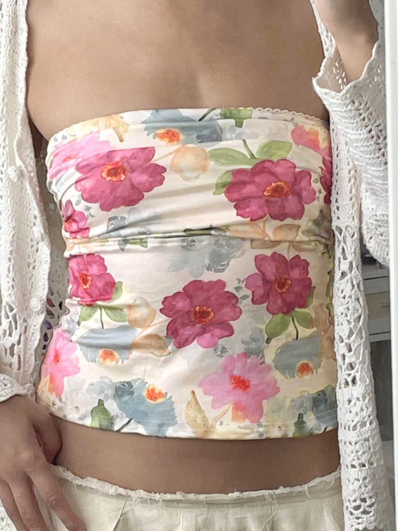 Cuteandpsycho Floral Print Y2K Tube Tops Sexy Summer Backless Womens Bustiers Chic Harajuku Korean Slim Crop Camisole 2000sXJ250508