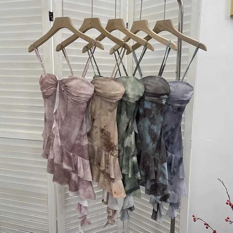New Womens Smudged Mesh Spaghetti Strap Camisole With Breast Pads Irregular Ruffled Top Y2k Essential Streetwear Outfits 1139XJ250508
