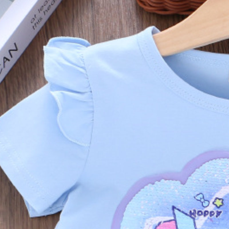 DISNEY Frozen Princess Elsa kids designer clothes Girl summer short-sleeved T-shirt double-sided color-changing sequins children thin cotton top.