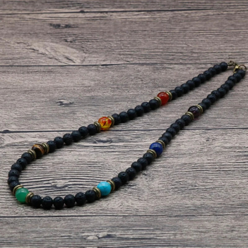 Classic Chakra Necklace Men Natural Lava Stone Collar Tribal Spiritual Colliers Punk Short Choker Mens Boyfriend Gift 250509