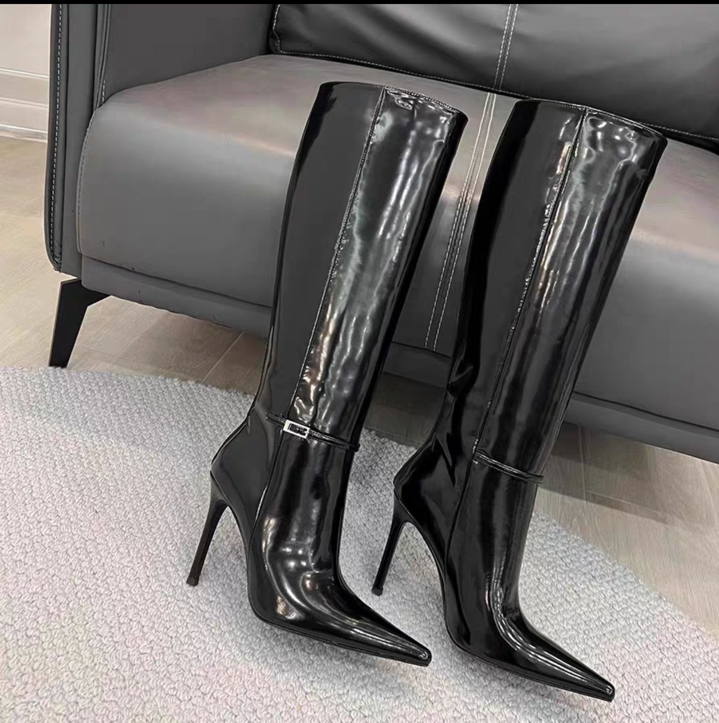 Burgundy Patent Leather Long Boots Luxury Buckle Decoration Pointy Toe Thin Heels Sexy Shoes Winter Womens Knee High Boots Z250303