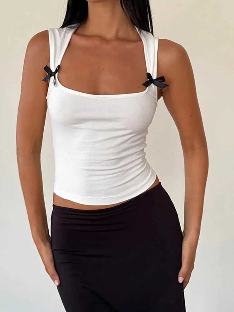 Y2K Womens Bow Tie-Up Tank Tops Wide Shoulder Straps Bandage Camisole Sexy Low Cut Crop Tops Female Vest TopsXJ250508