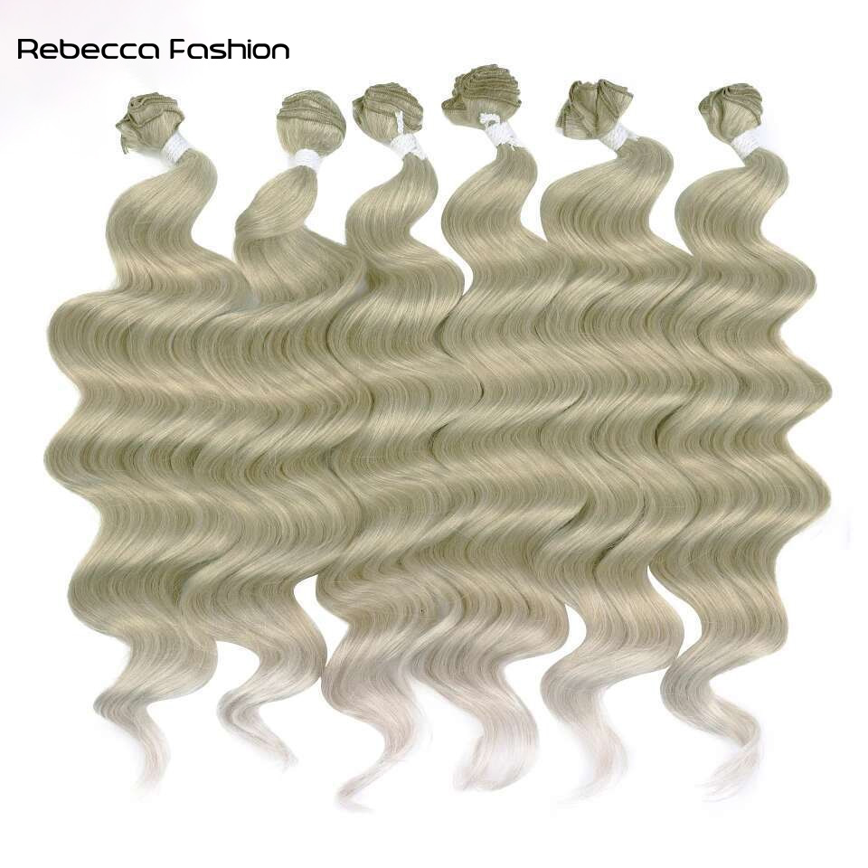 Rebecca Fashion Hair Extensions Synthetic Hair Weave 24Inch 6pcs Deep Wave Ponytail Hair Bundles Ombre Brown High Temperature Fiber
