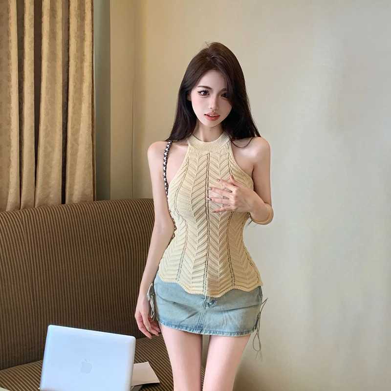 Knitted vest womens summer camisole collar hollow slim fit shoulder sexy vest topXJ250508