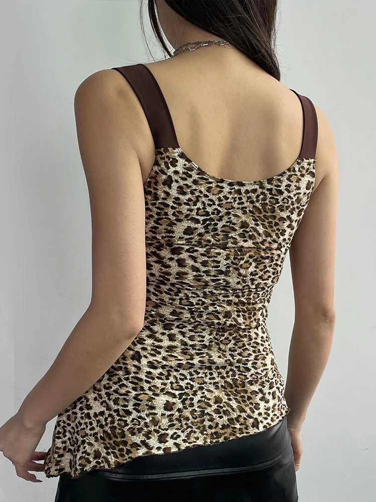 Contrast Patchwork leopard print ultra-thin asymmetrical vest for women V-neck Y2K summer vestXJ250508