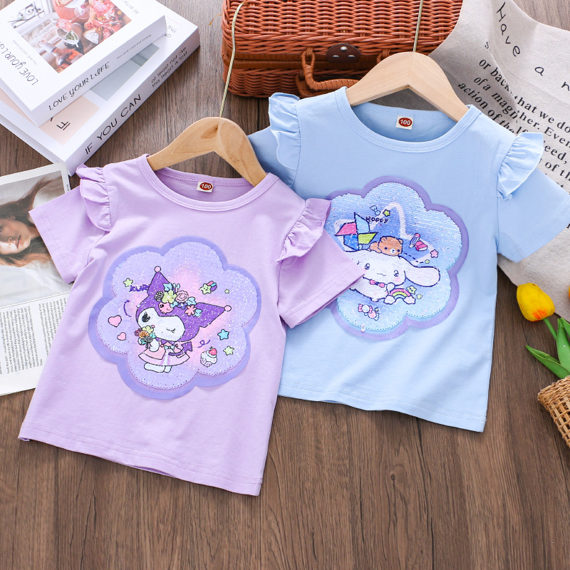 DISNEY Frozen Princess Elsa kids designer clothes Girl summer short-sleeved T-shirt double-sided color-changing sequins children thin cotton top.