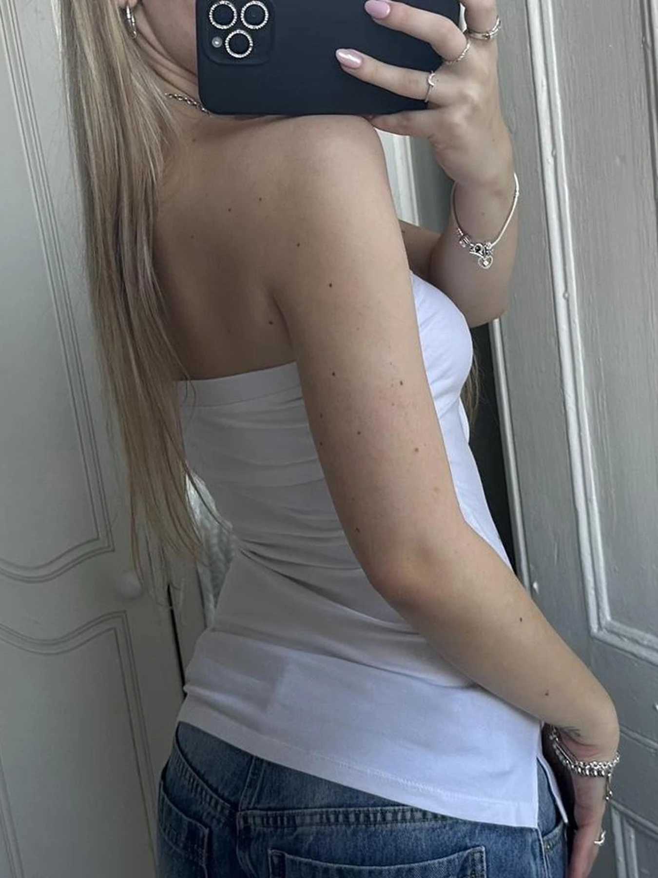 Cuteandpsycho sexy bow sleeveless solid Camisol print white summer chic retro strapless top tight womens dressXJ250508