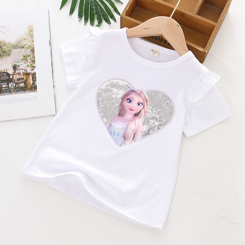 DISNEY Frozen Princess Elsa kids designer clothes Girl summer short-sleeved T-shirt cotton clothes heart sequins pure cotton without label design.