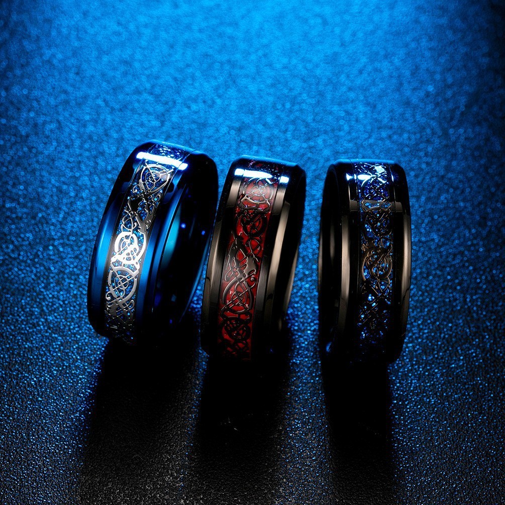 Band Rings NUNCAD 8mm Wedding Bands Engagement Ring Plating Black Tungsten Carbide Ring Inlaid Vine Pattern Blue Carbon Fiber Mens Jewelry 230410