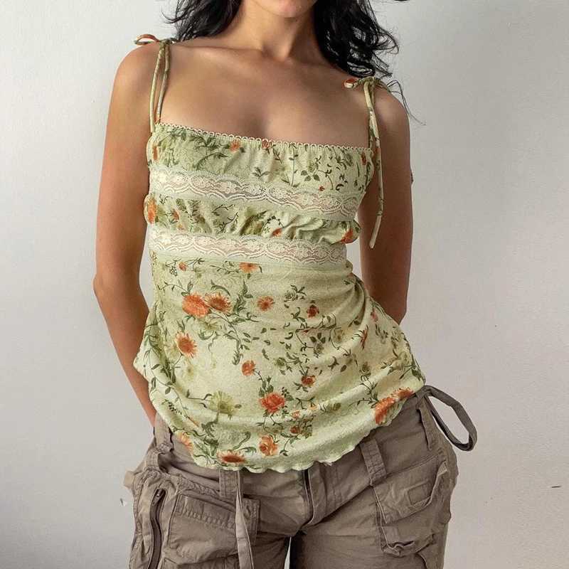 BIIKPIIK Vintage Floral Printed Lace Tank Tops Y2K Retro Bandage Backless Women Camisole Summer Slim Fit Vests Mori Girl OutfitsXJ250508