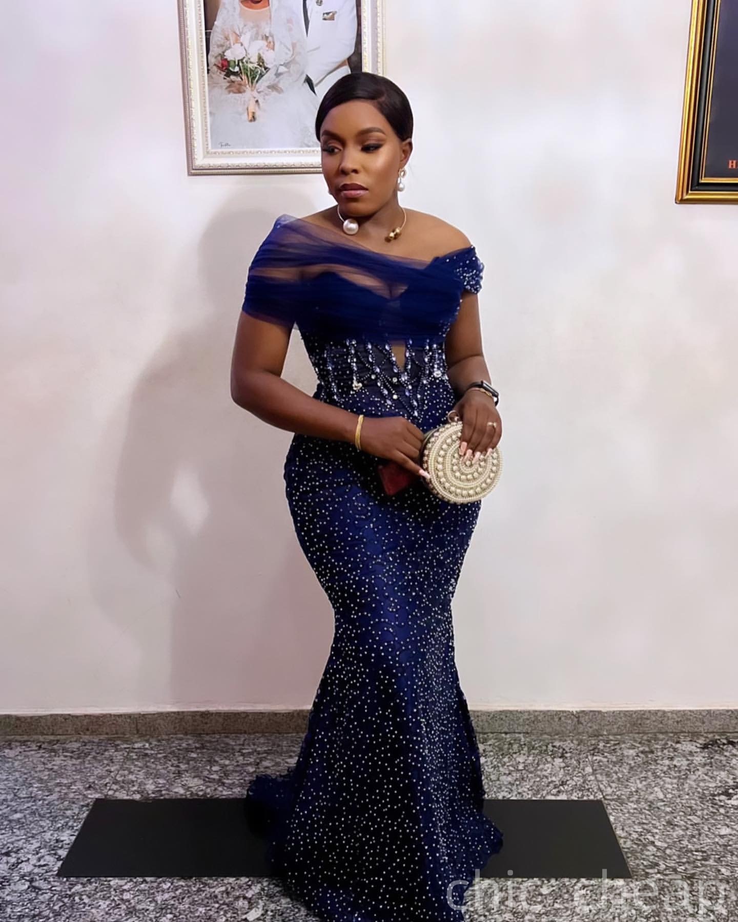 Navy Blue Mermaid Plus Size Prom Dresses 2025 Portrait Sequined Crystals Evening Formal Party Second Birthday Engagement Gowns Dress For Special Occas