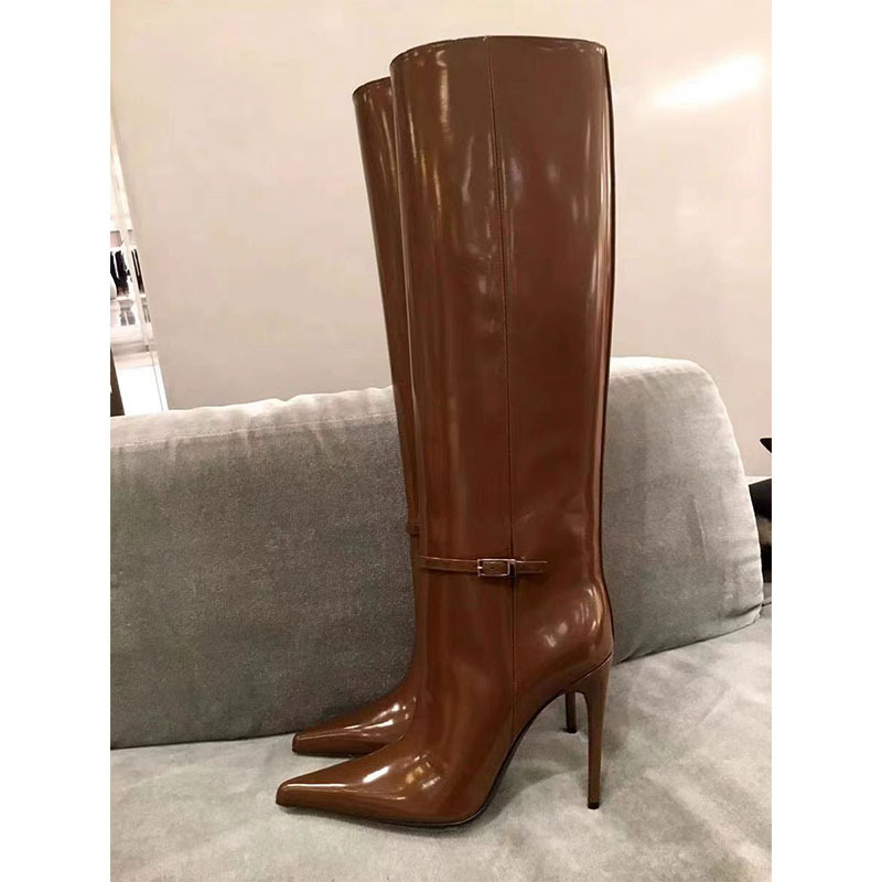 Burgundy Patent Leather Long Boots Luxury Buckle Decoration Pointy Toe Thin Heels Sexy Shoes Winter Womens Knee High Boots Z250303
