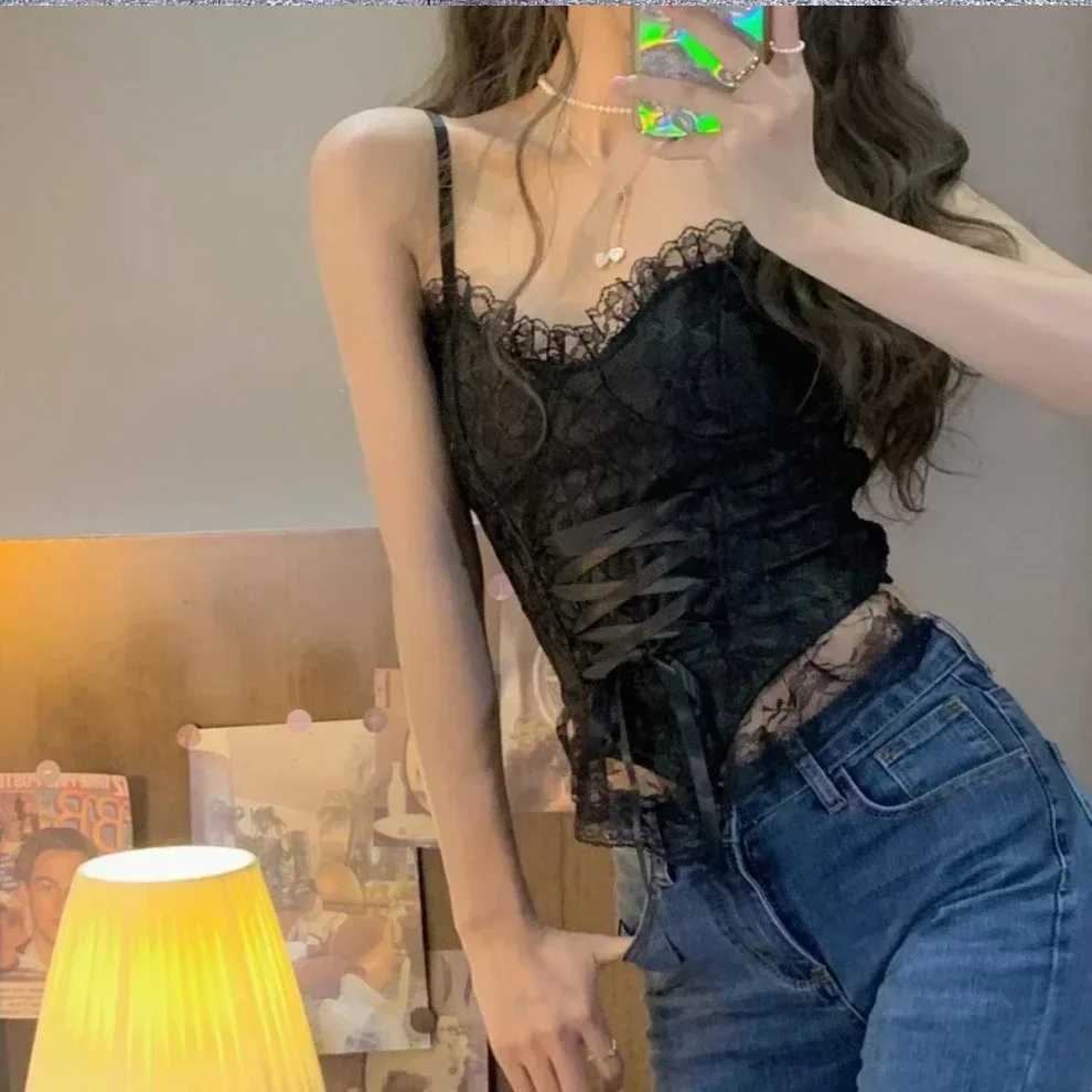 New Y2k Clothes Sexy Crop Tops Women Corset Lace Bandage T-shirt Camisole Woman Sling Tank Top Fashion Sleeveless Waistcoat GiftXJ250508