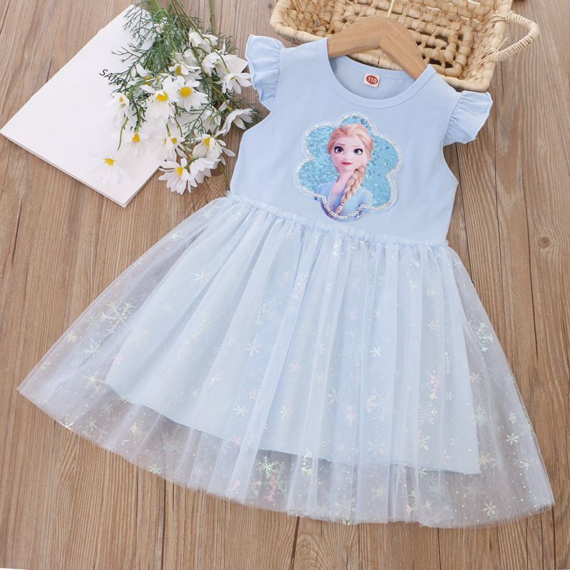 DISNEY Frozen Princess Elsa kids designer clothes toddler designer clothes Summer children clothes girl dress with flying sleeves and sequins cartoon 