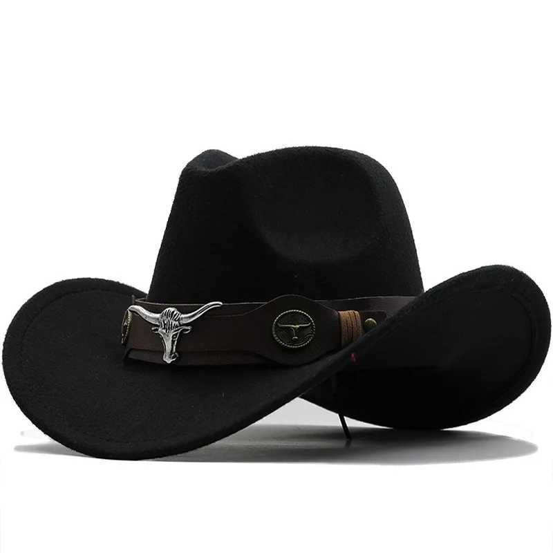 Western Cowboy Hat 3 Sizes Black Woolen Jazz Top Hat Men Ethnic Style Cow Head Ribbon Felt Cap Women Children Riding Fedora HatXJ250509